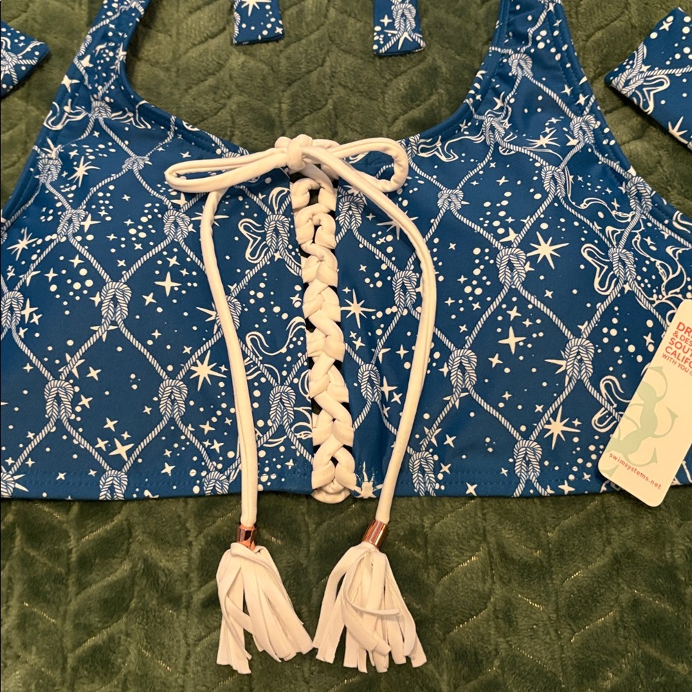 NWT Swim Systems Halter Bikini Top Blue White Nautical Pattern 34D - Picture 2 of 8